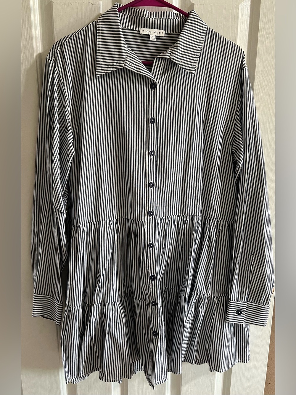 MIOU MUSE Striped Button Down Tiered Dress